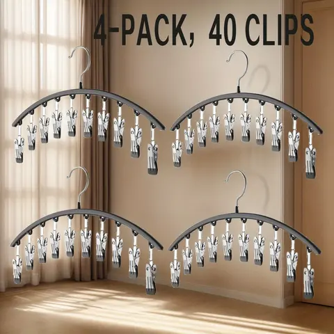Stainless Steel Windproof Pants Hanger Organiser (2/4pcs) - Anti-Skid Hangers & Pegs, Durable Laundry Hooks Clips, Damage-Free Hook Solutions, Tension Rod System Compatible, Space-Saving Closet Storage with 10 Strong Nano Rubber Non-Slip Clips