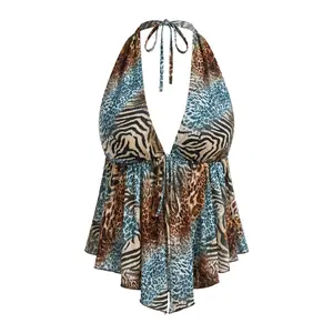 Plus Size Halter Top Y2k Leopard Print Deep V Neck Peplum Ruffle Asymmetrical Summer Top For Curvy Women
