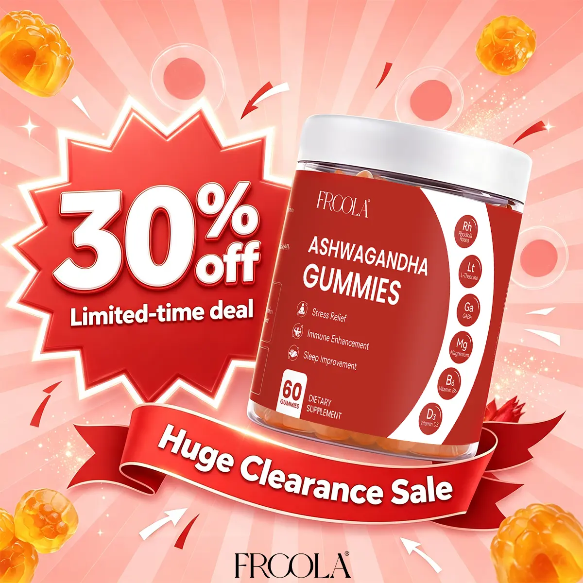 FRCOLA 7-in-1 Ashwagandha & Vitamin D Gummies -Improve fcous and promote sleep quality.