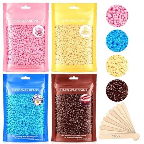 Leaflai Hard Wax Beads,Professional Wax Beads for Hair Removal 400g Hair Wax with 10 Pcs Wood Sticks for Full Body Brazilian Bikini Face,Legs,Eyebrow Painless at Home for Women Men