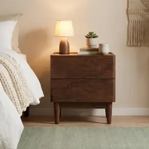 YESWOOD 100% Solid Wood Nightstand, Walnut Nightstand with 2 Drawers, Mid Century Night Stand, Small Bedside Table for Low Bed, Wooden Nightstands for Bedroom, 19.29" H