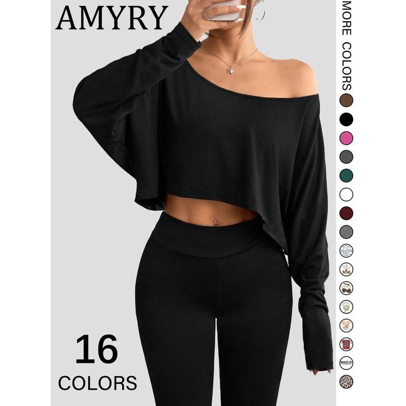 Women's Solid Off Shoulder Loose Tee, Casual Long Sleeve Crop Top for Daily Holiday Outdoor Wear, Everyday Ladies Clothes for All Seasons
