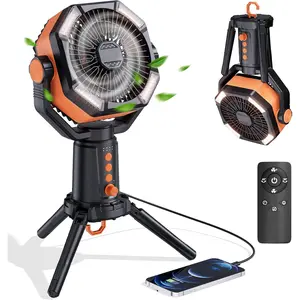 Table Fans Tripod, 20000mAh Rechargeable  Operated Portable Tent Fan with LED Lantern, Remote Control, Hook, 270? Pivot, Stepless Speed-Ideal for Camping, Picnic, Barbecue, Jobsite