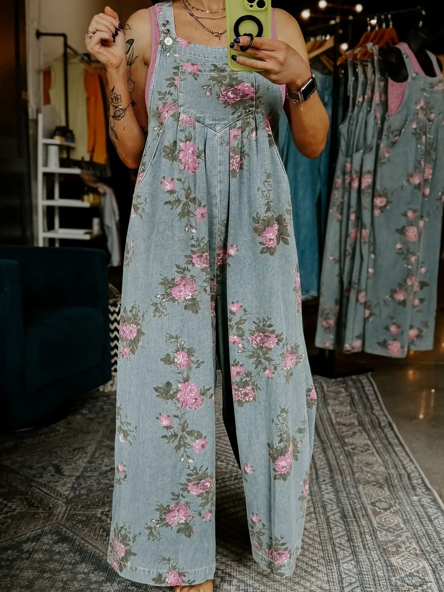 Floral Print Pleated High Waist Wide Leg Denim Jumpsuit,  Designed With Adjustable Buttoned Shoulder Straps To Ensure a Perfect Fit.
