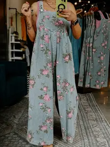 Floral Print Pleated High Waist Wide Leg Denim Jumpsuit,  Designed With Adjustable Buttoned Shoulder Straps To Ensure a Perfect Fit.