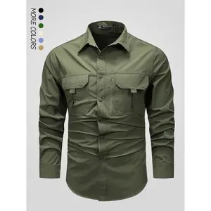 Men's Solid Pocket Button Front Shirt, Regular Fit Casual Long Sleeve Collared Top for Fall & Winter, Men's Clothes for Outdoor Work, Designer Shirt Workwear for Men, Long Sleeve Shirts, Menswear, Tactical Shirt