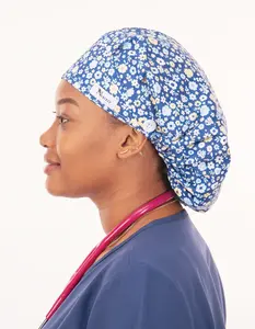Flower Print Bouffant Scrub Cap with Satin Lined