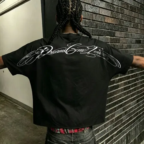 Men's short-sleeved shirt with batwing sleeves, Baggy, Loose, Oversized, Streetwear, Casual and a bold, exaggerated lettering pattern. Suitable for layering or wearing alone, perfect for back-to-school, vacation, and everyday occasions, Menswear