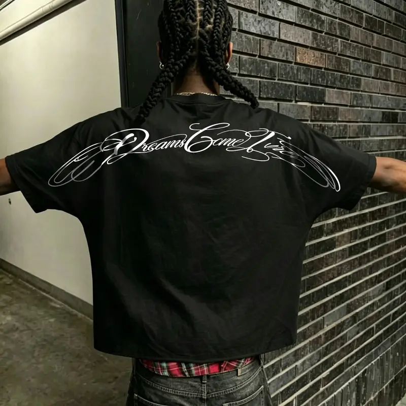 Men's short-sleeved shirt with batwing sleeves, Baggy, Loose, Oversized, Streetwear, Casual and a bold, exaggerated lettering pattern. Suitable for layering or wearing alone, perfect for back-to-school, vacation, and everyday occasions, Menswear