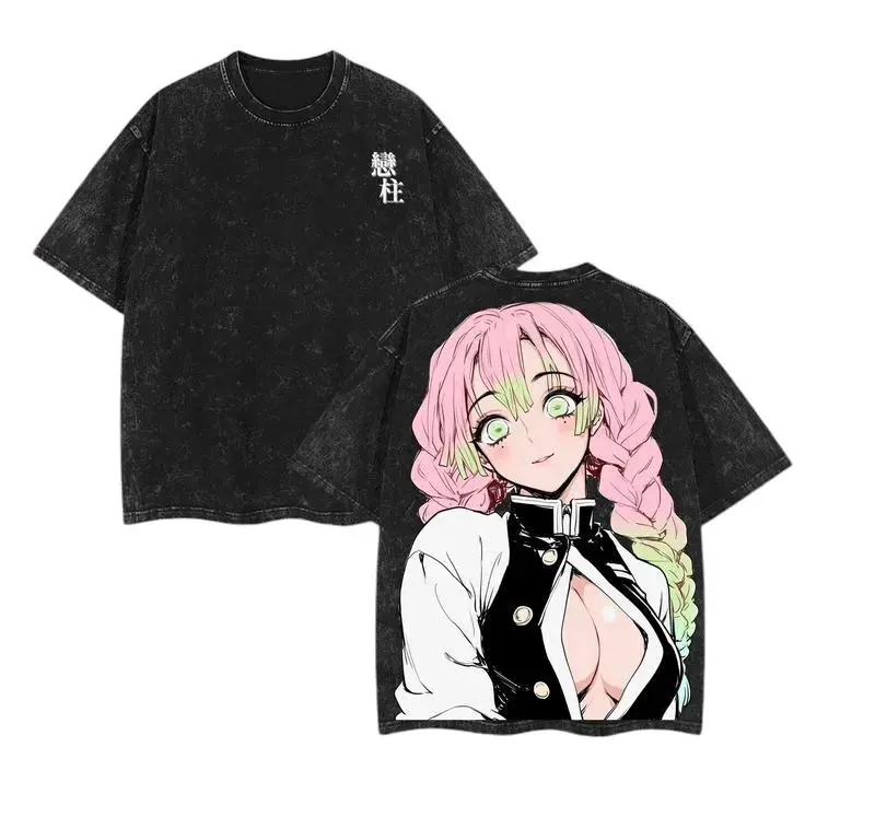 Men's Mitsuri Kanroji Demon Slayer Thick Short-Sleeve T-Shirt - Unisex Casual Streetwear Oversized Vintage Washed Heavyweight Cotton Top with Double-Sided Graphics