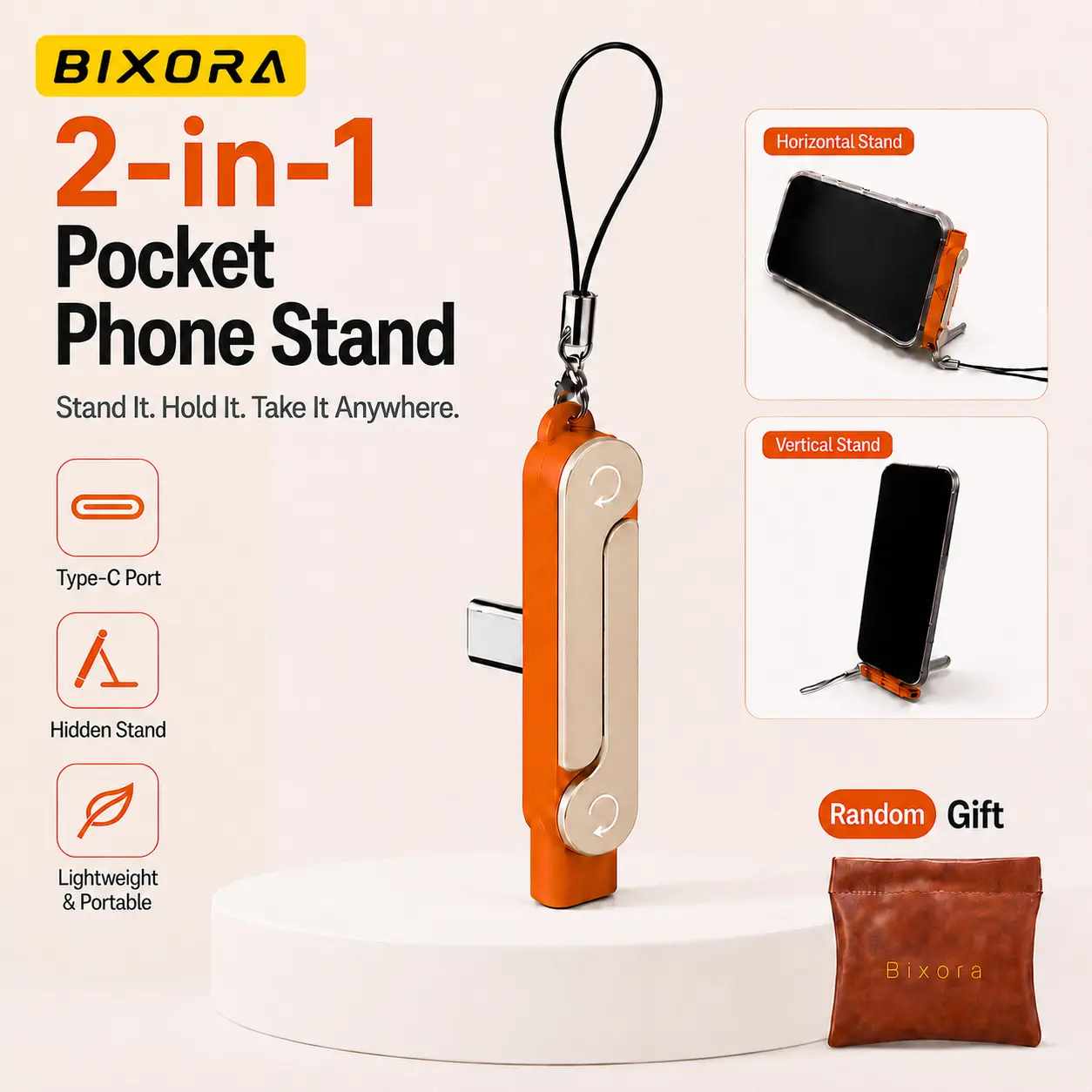 Bixora Pocket 2-in-1 Foldable Phone Stand, Portable Mini Travel Phone Holder with Lanyard, Multi-Angle Hands-Free Viewing for Travel, Daily Use
