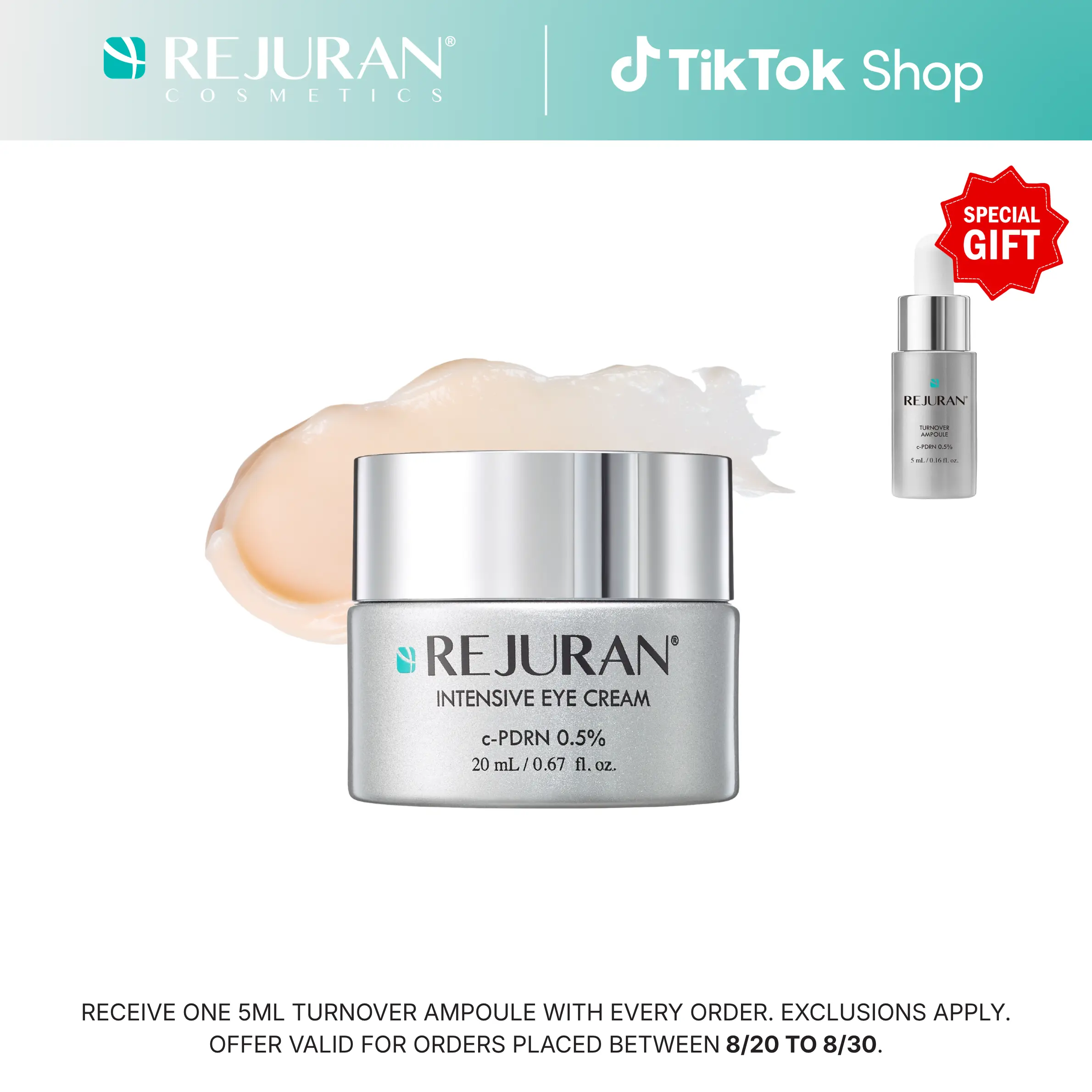 REJURAN Intensive Eye Cream, c-PDRN - Fast-Acting Eye Treatment for Wrinkles, Lifting, and Dark Circles. Instant Hydration and Visible Revitalization. Korean Skin Care (0.67 fl oz)