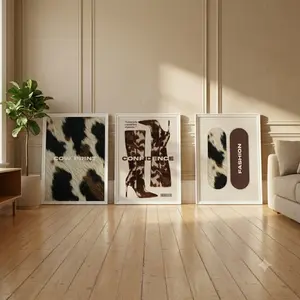 Cow Print Wall Art Set of 3 Trendy Cowhide Decor Modern Western Aesthetic Prints Neutral Fashion Wall Art