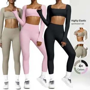 Women's 2 Piece Workout Set - Long Sleeve Crop Top & High Waist Leggings Gym Activewear