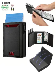 Men's Fabric Pop-Up Wallet with Tracker, RFID Blocking Minimalist Design, Large Capacity ID Window & Cash Slot, Ideal for Airline Tags