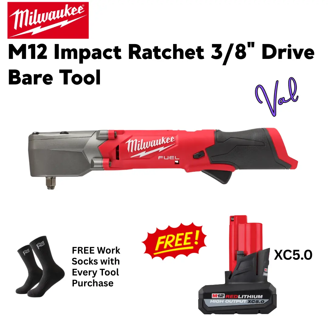 Milwaukee M12 12V Impact Ratchet - 3/8" Drive Bare Tool, Rubber Grip, 14.17 Inches Length, 220 Ft-Lbs Torque, Integrated LED Light