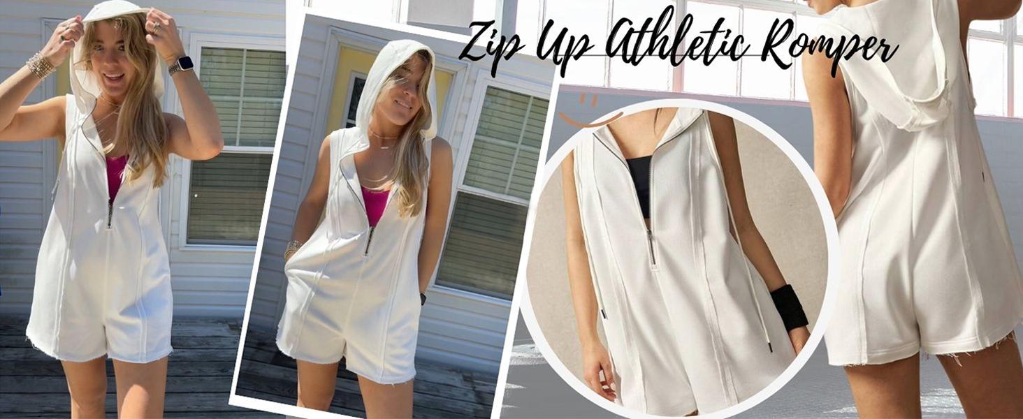 Ommig Short Half Zipper Sports jumpsuit for Fitness Outdoor Leisure Sleeveless Loose Hoodie for Women, Athleisure Style, Workout Jumpsuit