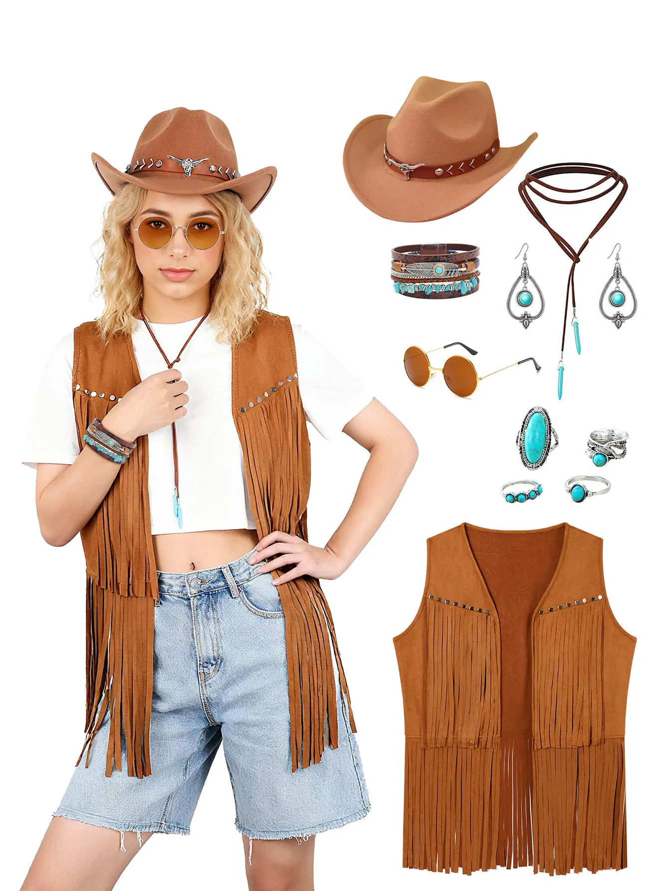 Women's 10-Piece Retro Chic Lightweight Vintage Western Cowgirl Outfit Kit - Suede Fringe Vest, Turquoise Earrings, Cowboy Hat, Hippie Strap, Accessories & Other Clothes for Halloween, Rodeo, Cowboy Outfit, Soft, Country Concert Adjustable Faux, Retro Par