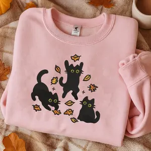 EMBROIDERED Cute Black Cat Pouncing Leaves Sweatshirt, Cozy Cat Lover Gift, Autumn Vibes Tee, Cozy Fall Halloween Embroidered Shirt