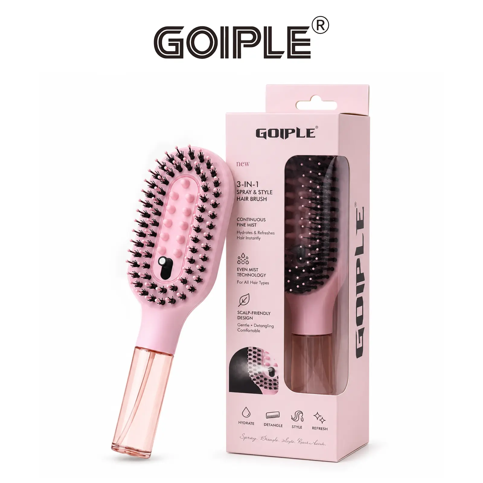 Goiple 3-in-1 Hair Brush - Mist Spray, Moisturizing, Massaging Functions with Dual Bristle Massage Tips for Effortless Detangling of Dry, Curly Hair