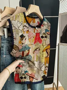 Women's Casual Fitted Knit Top, Spring Summer Round Neck Sleeveless Sweater, Deep Blue Colorblock Cartoon Print, Fall Winter Outerwear, Knit Vest Tops