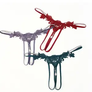 Women's Sparkling Rhinestone Temptation Open-Crotch G-String Thong with Cutouts and Embroidered Design - Underwear, Womenswear