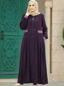 Women's Elegant Modest Plaid Dress with Fringe Zipper Pockets, Loose-Fitting Traditional Arabic Long Robe, Modest Muslim Outfits, All Seasons Woven Fabric