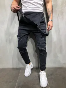 Men Cotton Ripped Zipper Denim Overall