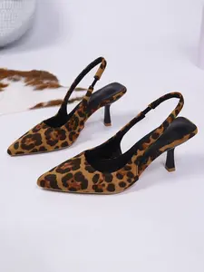 Women's New Sexy Elegant Pointed Leopard Print High Heels, Slim Heel Elegance Dress Slip-On Sandals, Plain PU Material Low Top Shoes Footwear