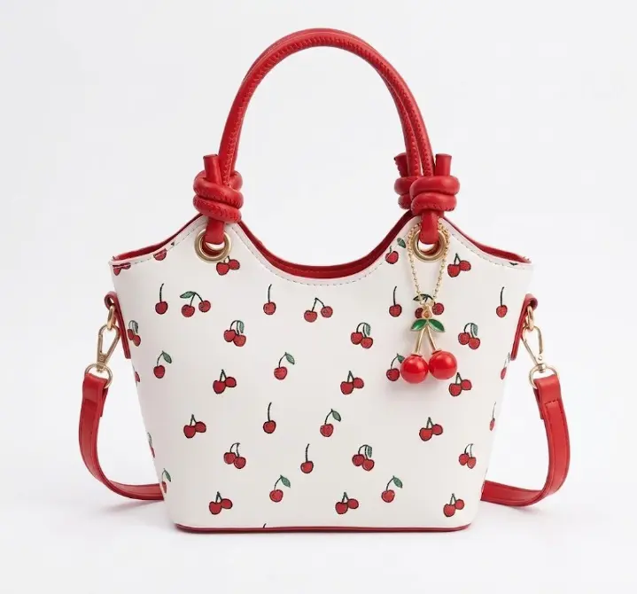 Women's Cute Sweet Chic PU Leather Fruit Cherry Print Mini Bucket Handbag - 2-Way Carry (Hand or Crossbody), Casual Daily Luggage Accessory