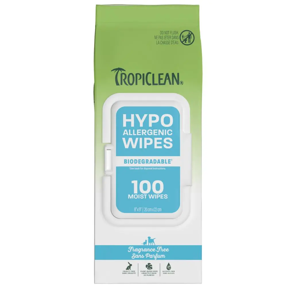 100ct TropiClean Hypoallergenic Pet Wipes - Wipes for Dogs, Cats, Puppies & Kittens with Sensitive Skin - Gently Removes Dirt & Dander - Fragrance Free