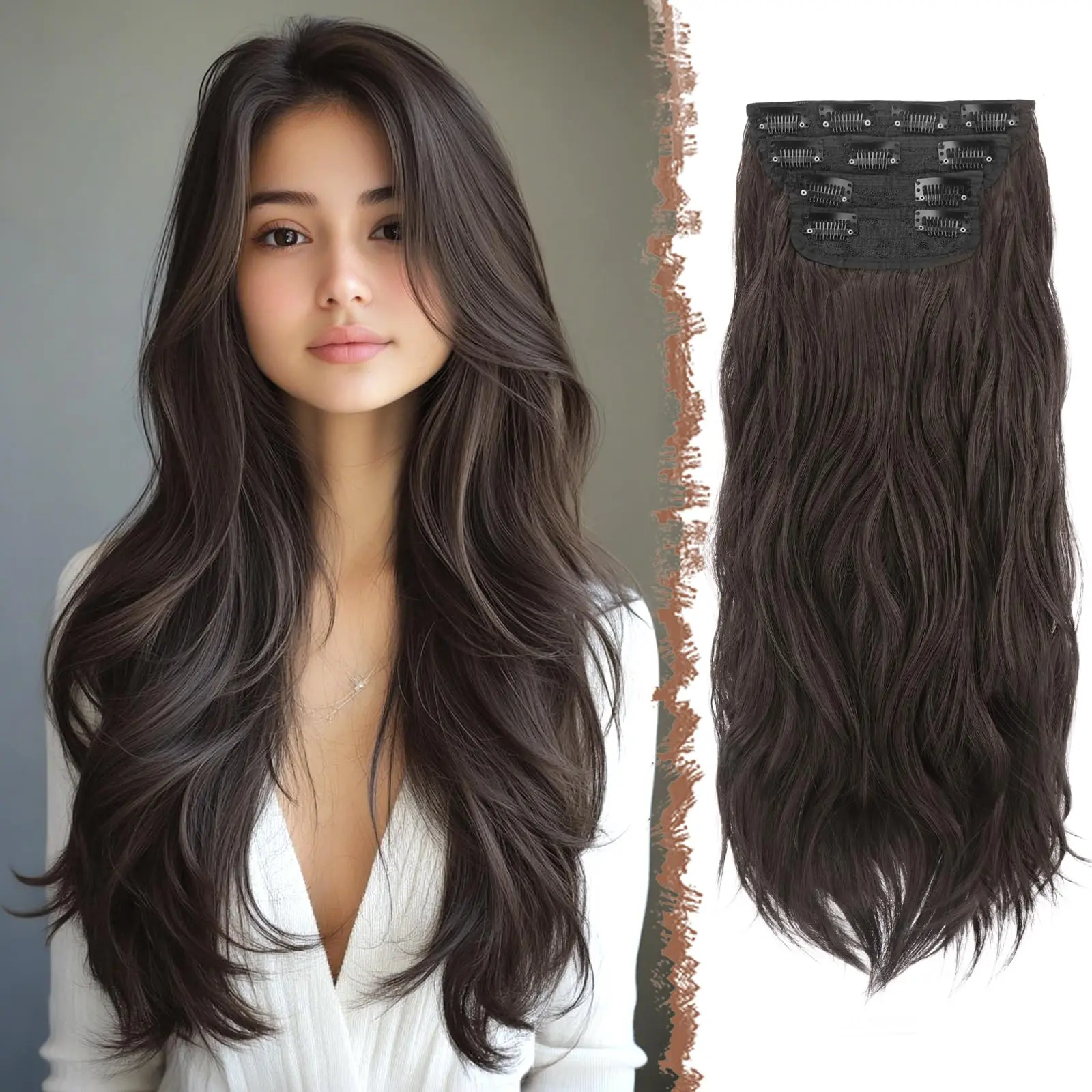 Clip In Hair Extensions For Women - 4 Thick Double Weft Long Wavy Soft Synthetic Blends Well Extension  20 Inch Black Brown