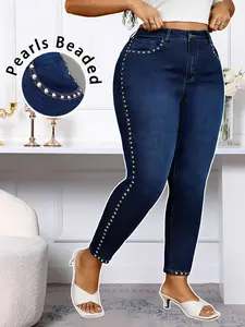 Ladies Plus Size Rhinestone Decor Slim Fit Washed Denim Jeans, Denim Clothing, Stylish Women's Fashion Pants for Casual Wear, Comfortable and Trendy, Womenswear