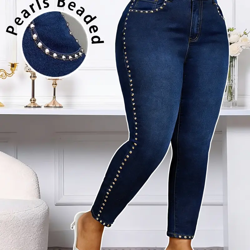 Women's Plus-Size Slim-Fit Skinny Washed Denim Jeans, Denim Woven Jeans, Casual Design Jeans, Fashion High Waist Jeans, Stylish Casual Pants for Everyday Wear, Comfortable and Trendy Womenswear