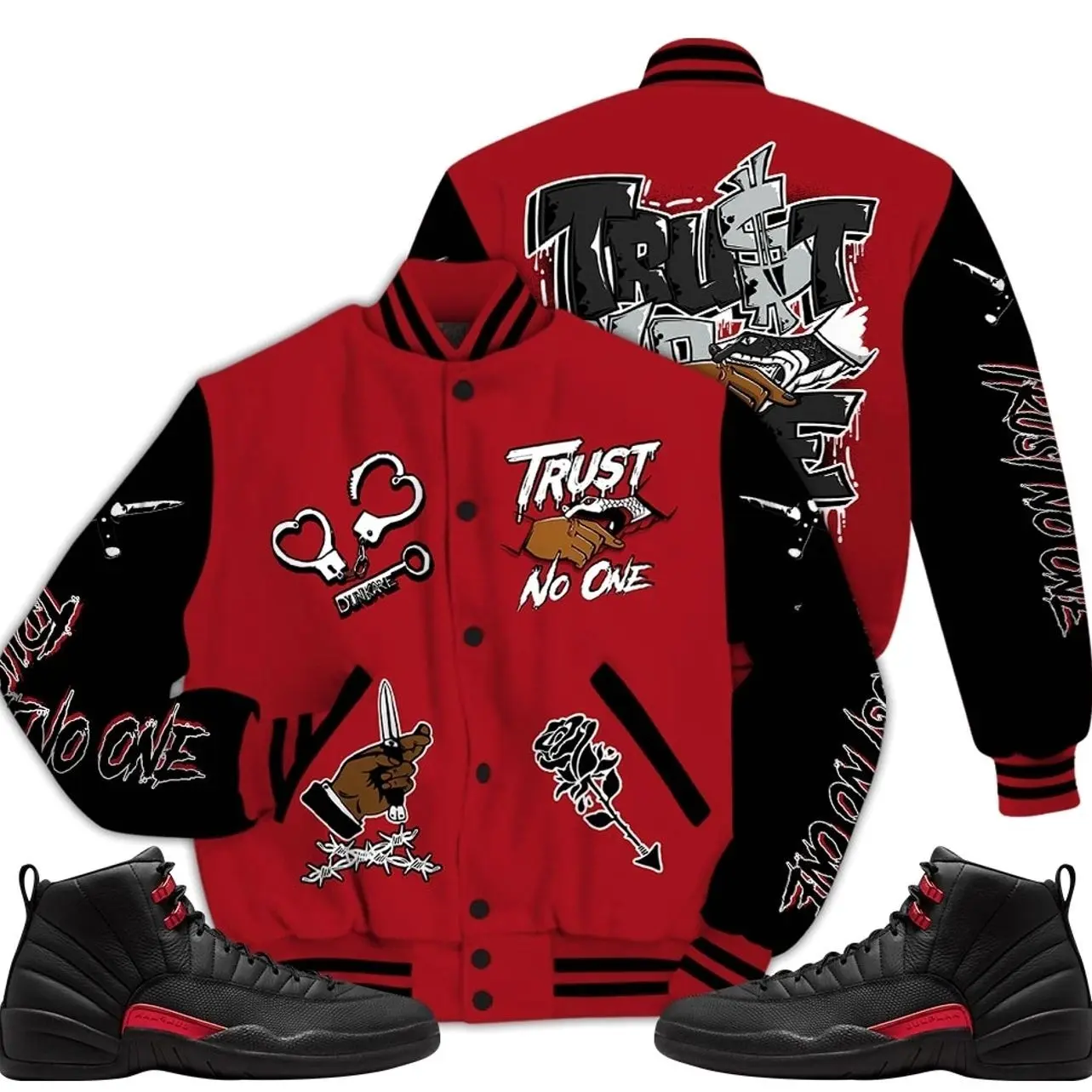 Bloodline 12s Outfit Varsity Jacket, Trust No One Graphic Sneaker Color Match Shirts
