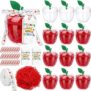 Aneco 12 Pack Back to School Large Clear Apple Container for Teachers Plastic Candy Toy Filling Container Jar with Cards Paperclips Raffia Teacher Appreciation Gift Boxes Wedding Party Decorations