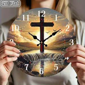 25cm 2D Flat Wooden Wall Clock with Cross by Waterfall, Sunset, Birds Design, Silent Non-Ticking, Battery-Powered (AA Battery Not Included), Ideal for Meditation Room, Living Room, Porch, Bedroom, Hallway, Gift for Halloween & Christmas Decor