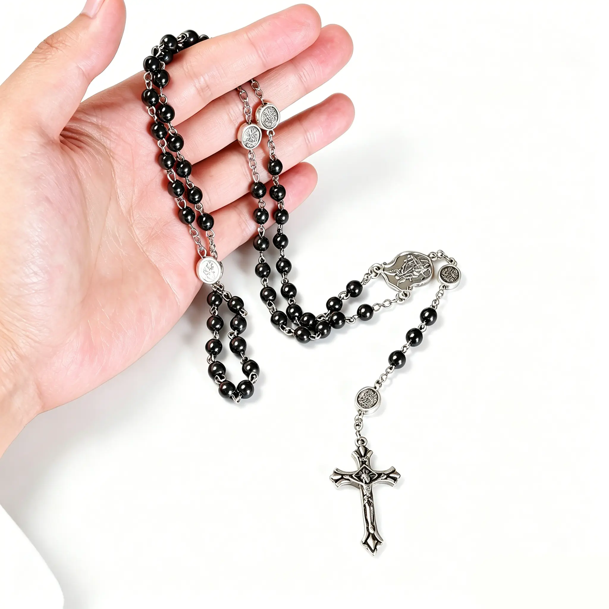 Saint Michael the Archangel Hematite Black Stone Beads Catholic Rosary Necklace with Cross Chain Design, Caps, Exquisite Jewelry Gift Box for Men, Faith Necklace for Baptism, 8Mm Father Beads, Cross Necklaces, Unisex
