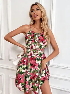 A women's elegant Boho Floral printed sleeveless pullover dress with elastic waist and spaghetti straps, suitable for summer, vacation, daily outings, an