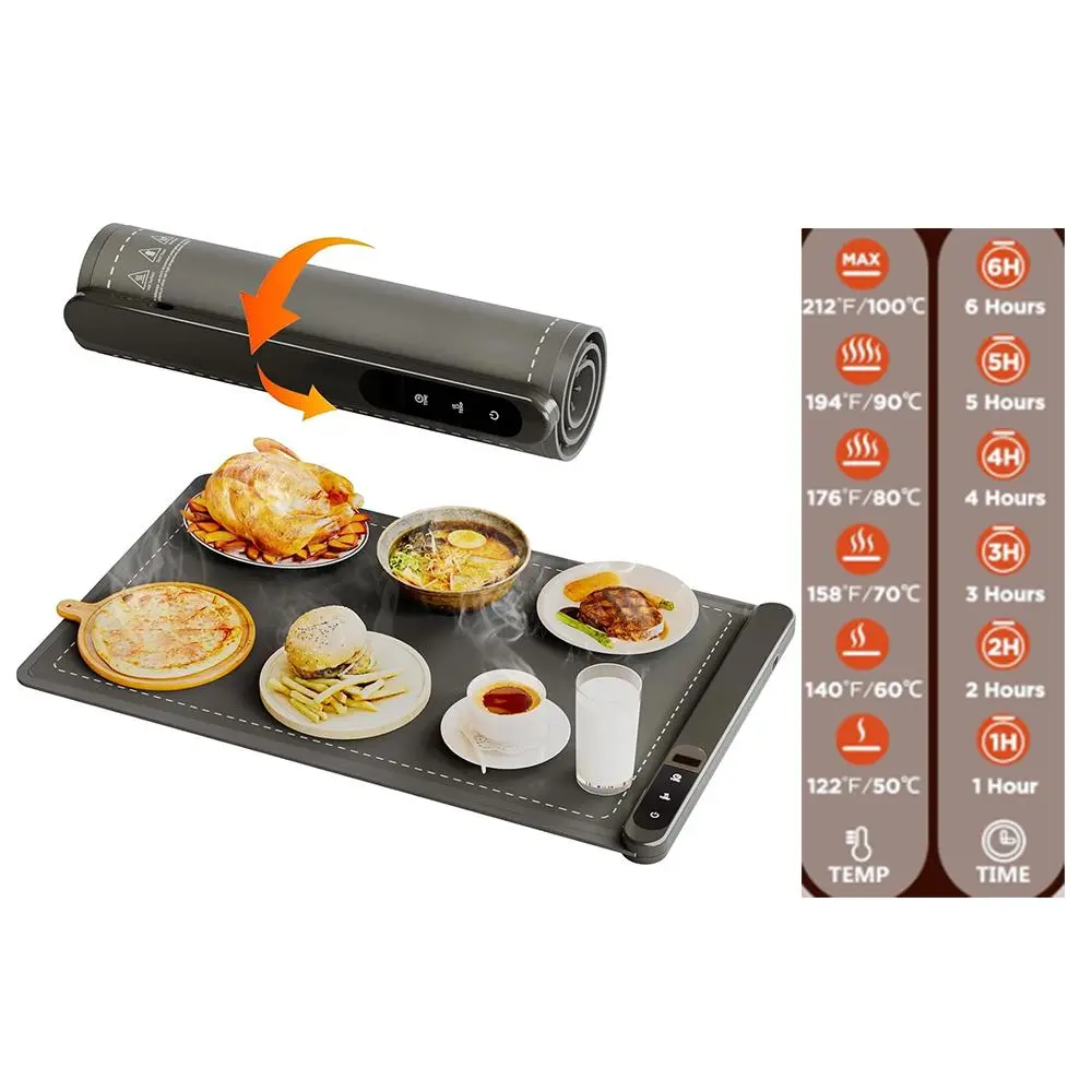 Upgraded Electric Food Warming Mat, 500W Graphene Fast Heating Silicone Pad, 6 Temperature Levels & 6‑Hour Auto‑Off Timer, Flexible Roll‑Up Design to Keep Dishes Warm for Home Gatherings Buffet Parties