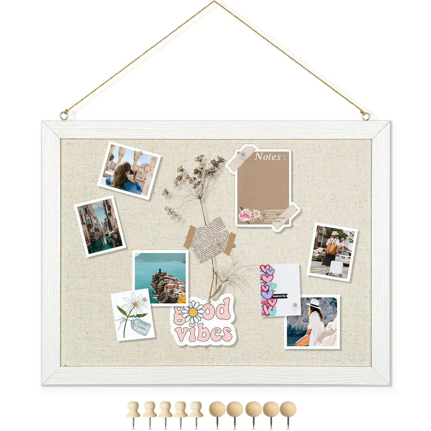 1-Pack Wall-Mounted Linen Cork Bulletin Board, 16"x12" Wooden Framed with White Pattern, Double-Sided, Easy-Install, Self-Repairing Pin Board with 10 Pushpins for Home Office Decorating (Office Stationery)