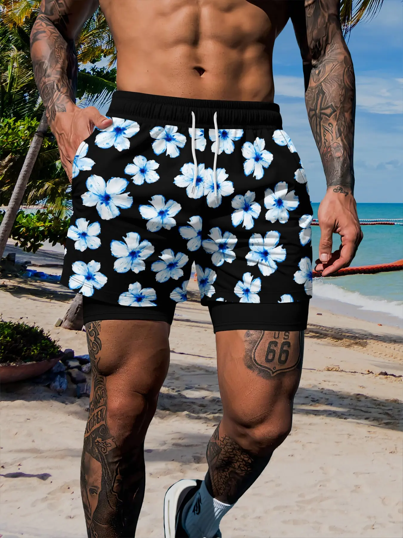 Men's Two-In-One Blue Hibiscus Summer Swim Trunks, Quick-Dry Beach Shorts, Swimwear Shorts, Compressive Lining, Breathable, Elastic Waist, All Seasons