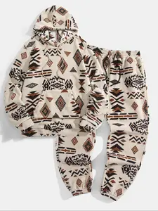 Men's Fall Winter Fleece Printed Hoodie Sweatshirt Set, Sporty Long Pants, Couple Matching Clothing, Casual Fashion
