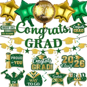 20pcs Graduation Decorations 2026, 1pc Glitter Congrats Grad Banner ,14pcs Class of 2026 Hanging Swirls and 5pcs Foil Balloon Green and Gold Graduation Decorations 2026 for Class of 2026 College Graduations Party Decorations