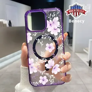 Clear Magnetic Phone Case for iPhone 16 15 14 Pro Max 13 12 11 XR XS Plus E Purple Cherry Blossom Pattern Acrylic Back Silicone Edge Non-yellowing Hard Cover Gift