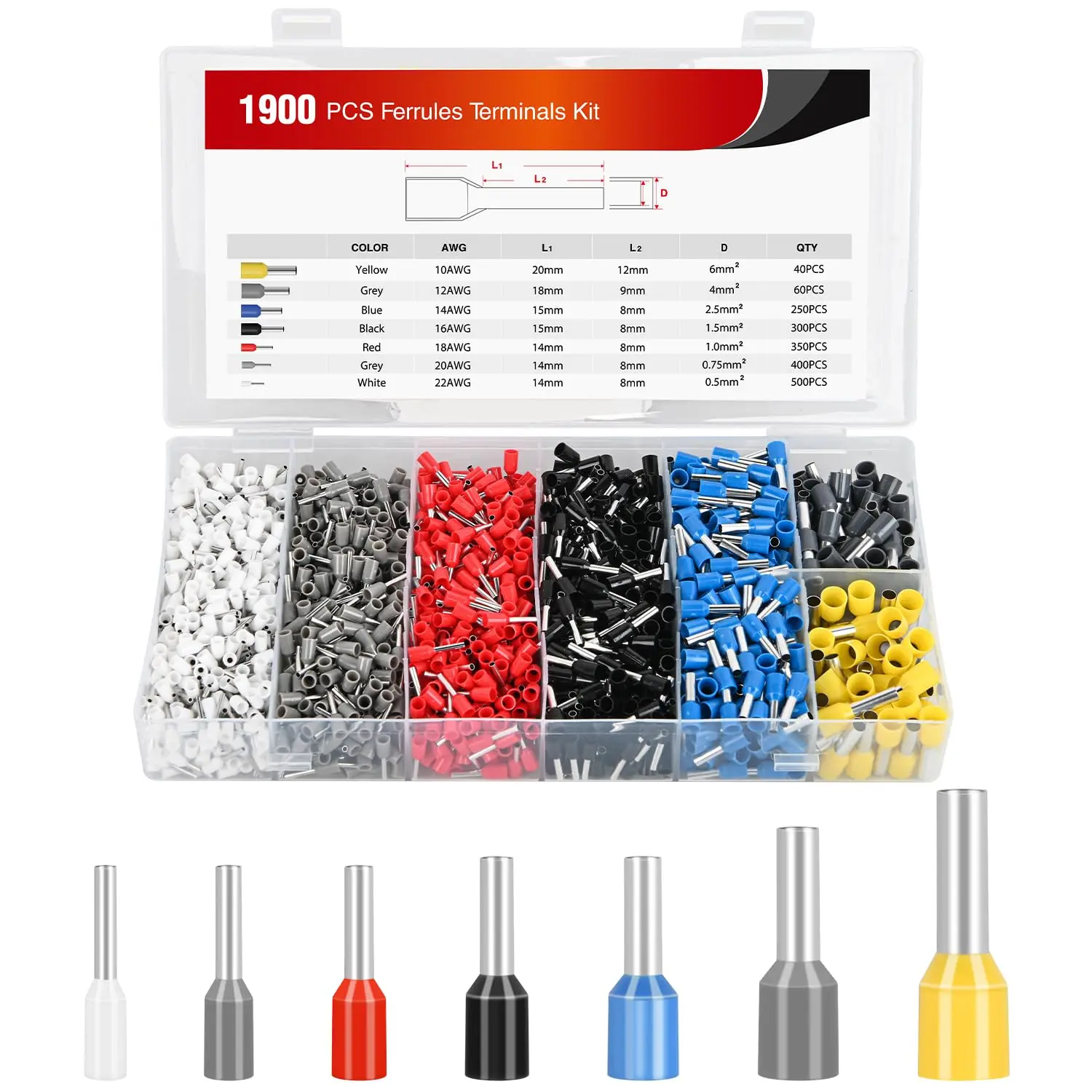 Nilight 1900PCS Wire Ferrule Terminals Kit, Nylon Insulated Pin Cord End Insert Type Crimp Connectors with AWG 22-10 Gauge, High Conductivity Cable Connectors for Single & Double Electric Applications, High Conductivity Connectors