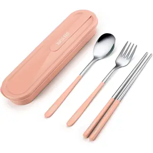 Travel cutlery set, 18/8 stainless steel cutlery, Reusable utensils set with case, Portable Silverware Lunch Box for Camping and Office(Pink）