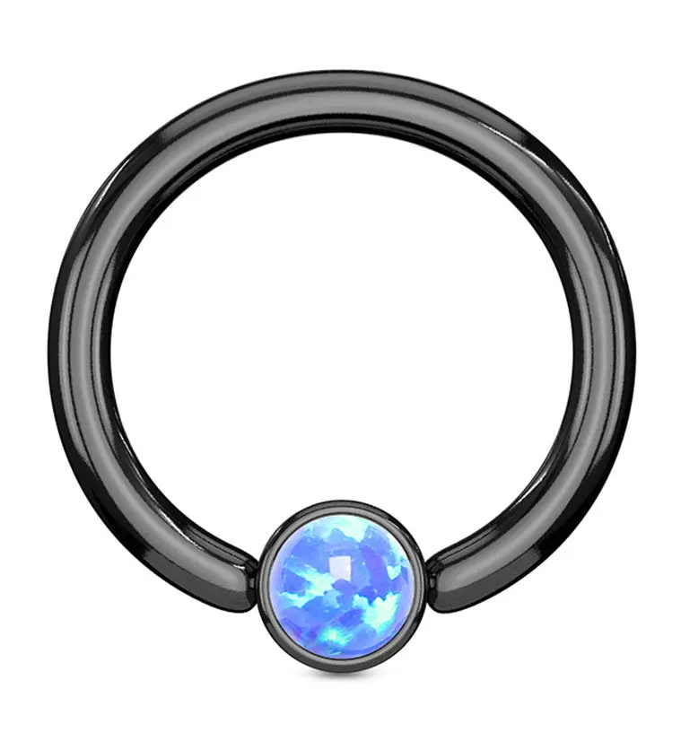 Black PVD Blue Opalite Flat Disk Captive Ring