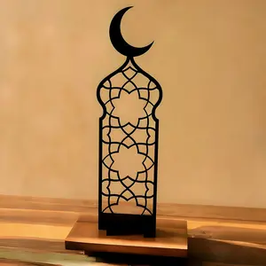 Ramadan Eid Acrylic Decor Stands, Islamic Crescent Moon Table Decor, Arched Frame with Arabic Geometric Pattern, Home Decor
