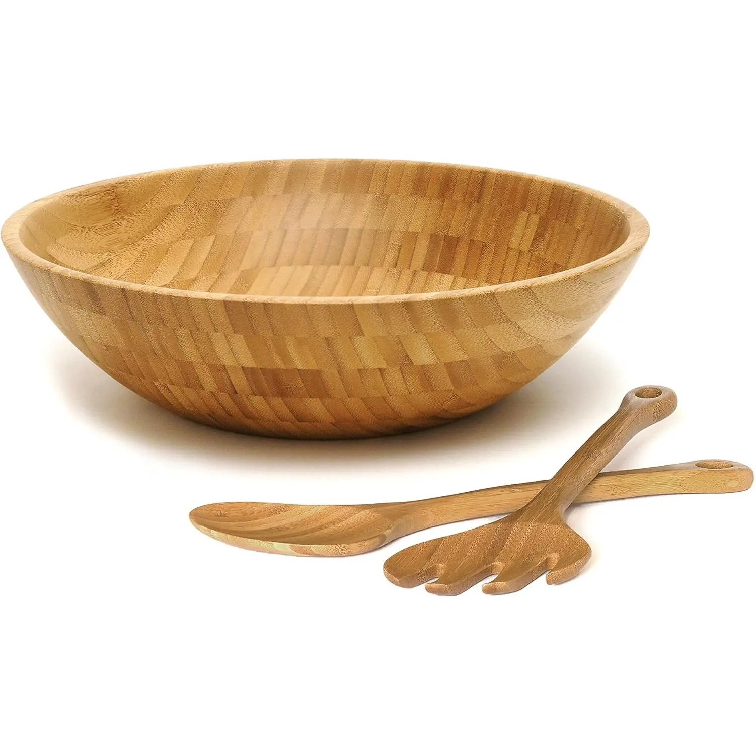 3-Pieces Eco-Friendly Bamboo Material Wooden Kitchenware Tableware Set - 14in x 4in Large Bowl, 2 Cutlery Servers, Hand Wash Compatible, for Pasta, Salad, Natural Renewable Resource